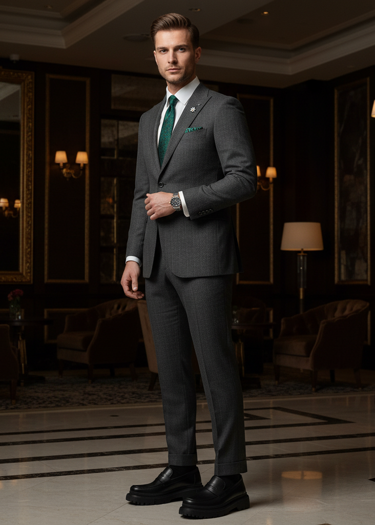 Man in a gray suit standing in an elegant interior setting
