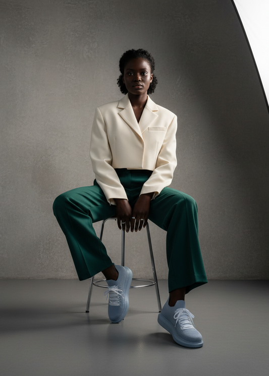 Model seating and wearing the Torino Grey Peak customized sneakers with white laces and cushioned sole.